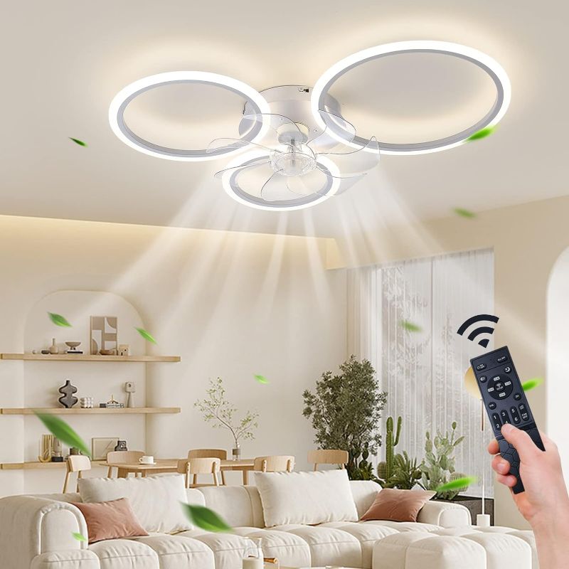Photo 1 of 30'' Modern Ceiling Light with Fan, Low Profile Ceiling Fans with Lights and Remote & APP Control,Flush Mount Ceiling Fan,6 Wind Speed,3 Color Light,Ceiling Fan Light for Bedroom/Living/Office

