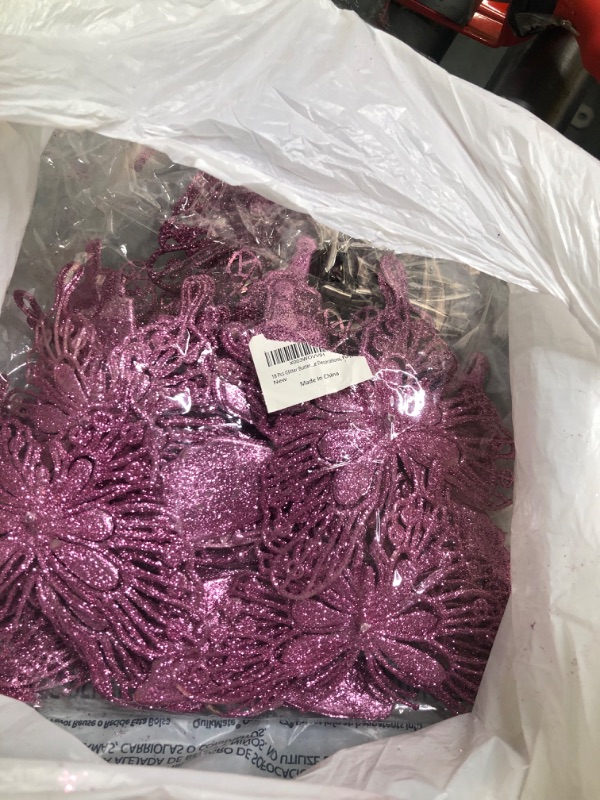 Photo 3 of 18 Pcs Purple Glitter Christmas Butterfly Ornaments Flowers, Hollow-Out Butterfly Christmas Decoration with Clips, Craft Xmas Ornaments, Christmas Tree, Wreath, Garland, Office, Home Decorations