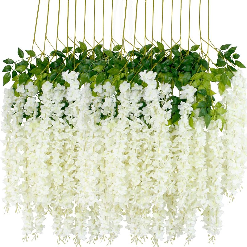 Photo 1 of 12Pcs Artificial Wisteria Flowers 3.6 Feet/Piece White Dense Artificial Fake Wisteria Vine Ratta Hanging Garland Silk Flowers String Home Party Wedding Decor(White-Dense)