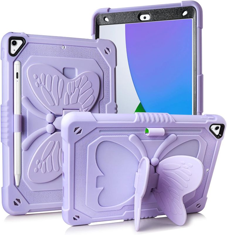 Photo 1 of for iPad 9th 8th 7th Generation Case with Kickstand Butterfly Wings Pencil Holder, iPad 10.2 Case Heavy Duty Rugged Protective Cover Kids Girls for iPad 9th/8th/7th Gen (2021/2020 / 2019)-Purple