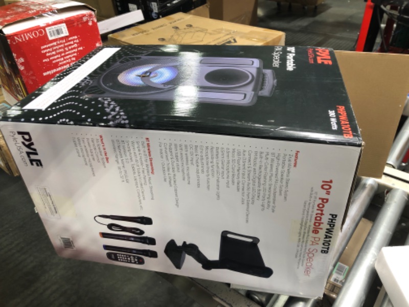 Photo 2 of 10’’ Portable PA Speaker System - Wireless BT Streaming PA & Karaoke Party Audio Speaker, Two Wireless Mic, Wired Microphone, Tablet Stand, Flashing Party Lights, MP3/USB//FM Radio - PHPWA10TB 10 inch Speaker System