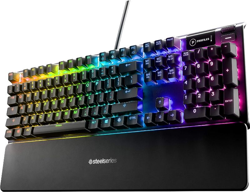 Photo 1 of *** USED **** SteelSeries USB Apex 5 Hybrid Mechanical Gaming Keyboard – Per-Key RGB Illumination – Aircraft Grade Aluminum Alloy Frame – OLED Smart Display (Hybrid Blue Switch)
