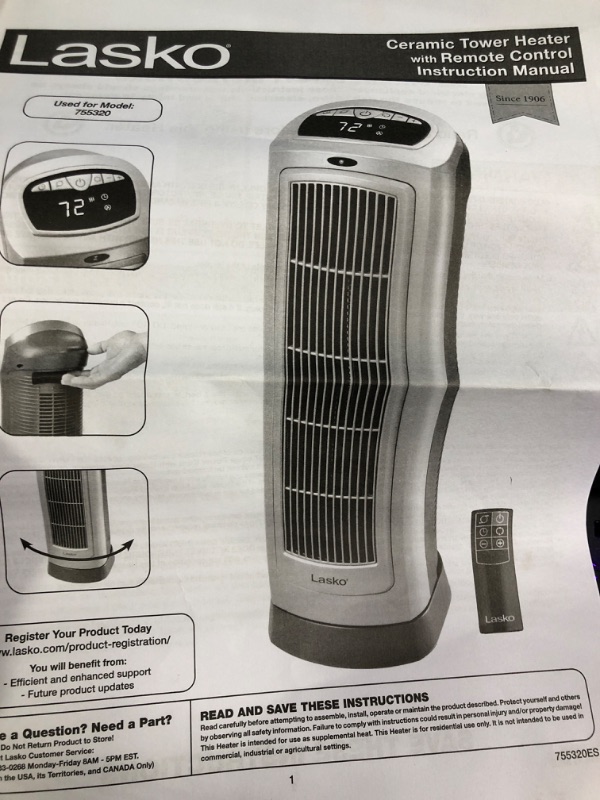 Photo 2 of Lasko Oscillating Ceramic Tower Space Heater for Home with Adjustable Thermostat, Timer and Remote Control, 22.5 Inches, Grey/Black, 1500W, 751320
