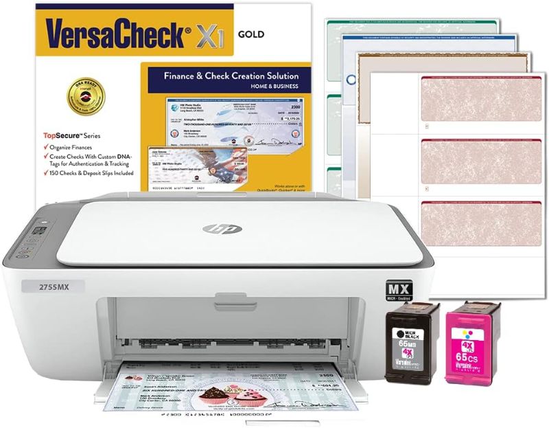 Photo 1 of VersaCheck HP Deskjet 2755 MX MICR All-in-One Check Color Printer Gold Check Printing Software Bundle, White (2755MX)
