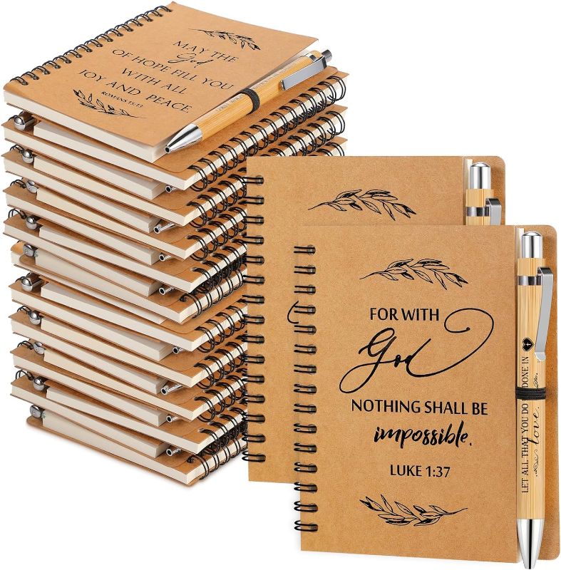 Photo 1 of Kosiz 300 Pcs Christian Gifts Bulk Include Spiral Notebook and Bible Ballpoint Pen Prayer Journal Religious Party Favors God Scripture Notepad for Women Church Family (Brown)
