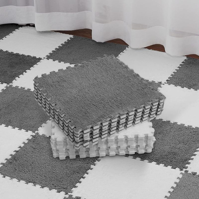 Photo 1 of 15 Pcs Plush Foam Floor Mat Square Interlocking Fluffy Tiles with Border Play Mat Flooring Tiles Soft Climbing Area Rugs for Home Playroom Decoration (White, Gray)