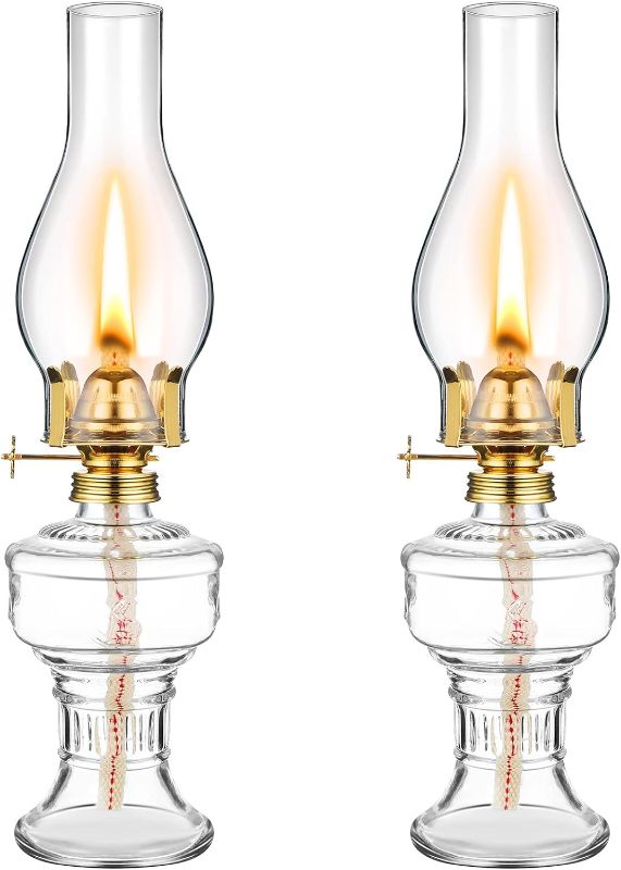 Photo 1 of 2 Pieces Chamber Oil Lamps for Indoor Use Vintage Kerosene Lamp Clear Hurricane Lamp Rustic Kerosene Lantern with Adjustable Fire Wick Lighting Oil Lantern for Home Emergency Lighting, 13 Inch Height