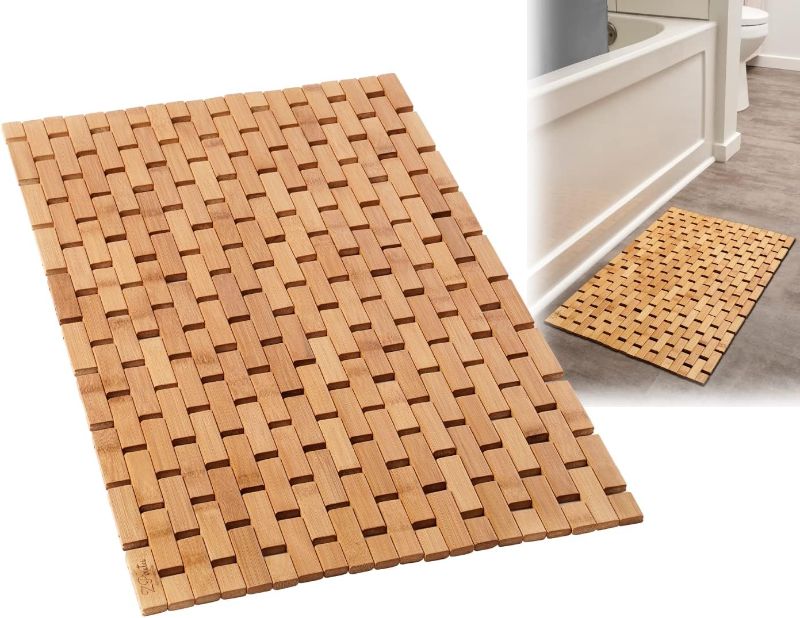 Photo 1 of  Bamboo Bath Mat Non Slip Wooden Bathroom Rugs Waterproof Bamboo Shower Mat with Nonskid Silicone Pads for Floor Spa Bathtub Kitchen (24 x 16 inches)