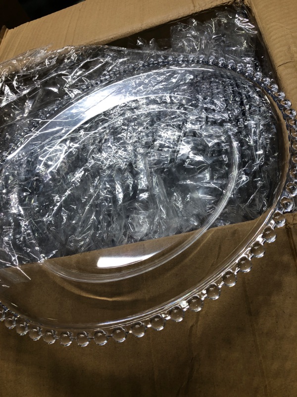 Photo 4 of 50 Pieces Clear Charger Plates Bulk 13 Inch Plastic Round Dinner Plate with Beaded Rim Acrylic Embossed Dinner Chargers Decorative Plates for Home Kitchen Party Wedding Events Dinner Tabletop Decor