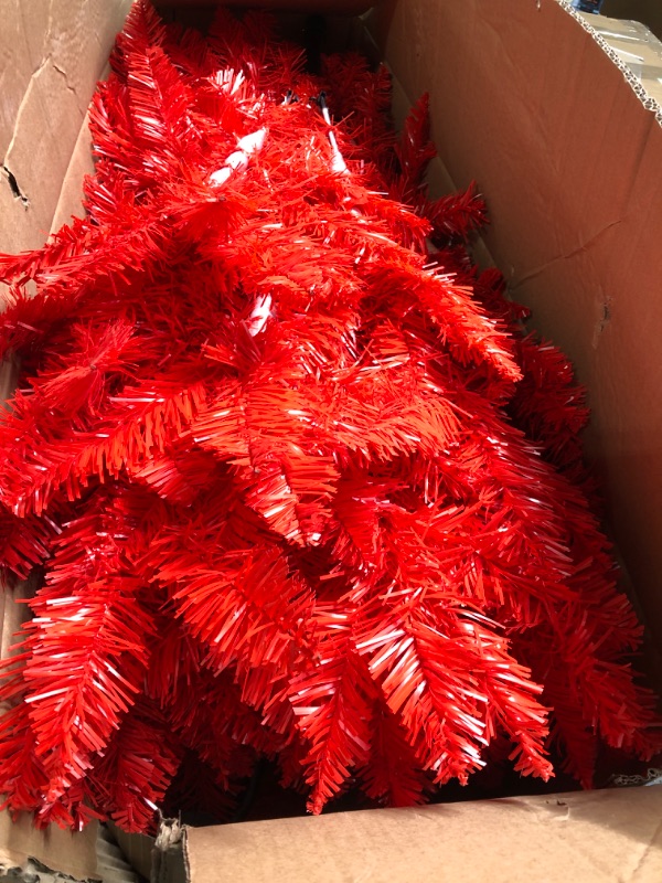 Photo 1 of 6ft Artificial Red Christmas Tree Halloween Tree Xmas Tree with Metal Foldable Stand Full Real Christmas Tree with 804 Branch Tips Easy to Assemble Holiday Outdoor Indoor Decor 6ft Red