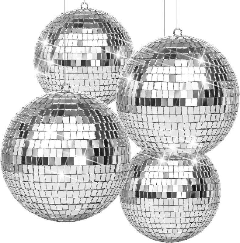 Photo 1 of 4 Pack Large Disco Ball Silver Hanging Disco Balls Reflective Mirror Ball Ornament for Party Holiday Wedding Dance and Music Festivals Decor Club Stage Props DJ Decoration 