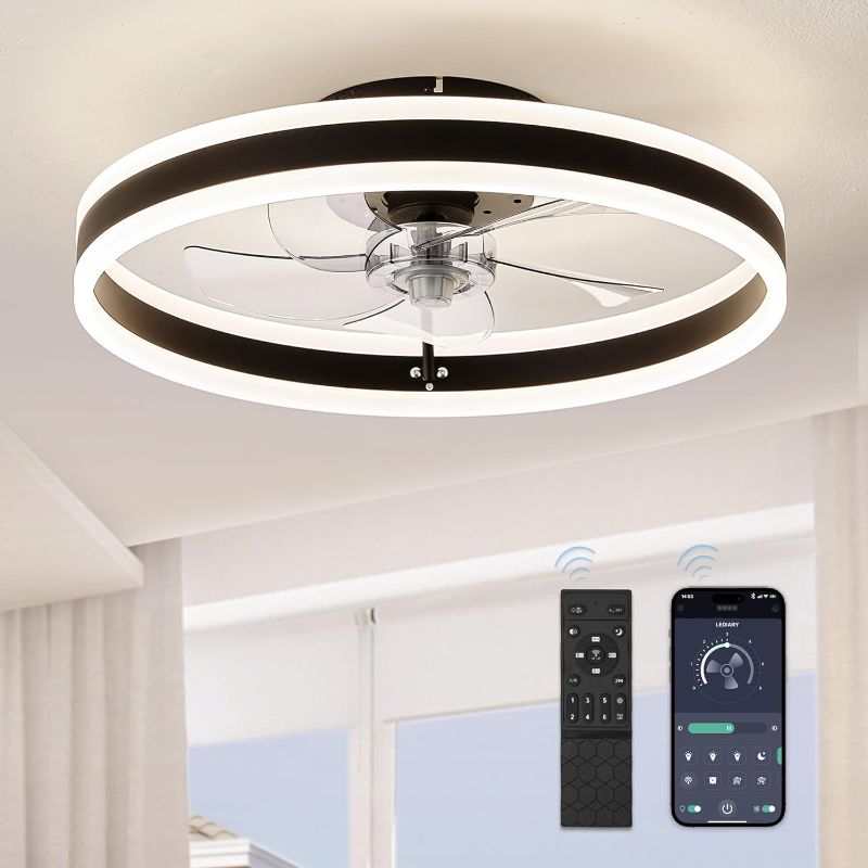 Photo 1 of LEDIARY Low Profile Ceiling Fans with Lights, Flush Mount Modern Ceiling Fan and Remote Control, 19.7" LED Bladeless Ceiling Fans, Stepless Dimmable 3 Colors and 6 Speeds - Black