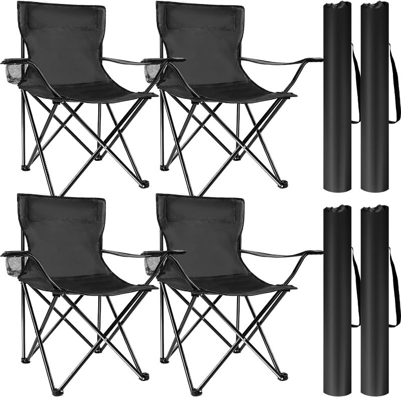 Photo 1 of 4 Pack Folding Camping Chairs with Carrying Bag Portable Lawn Chairs Lightweight Beach Chairs Outdoor Black Collapsible Chair with Mesh Cup Holder for Travel Outside Camp Beach Fishing Sports