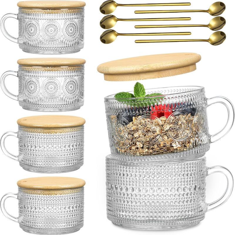 Photo 1 of 6 Pack 14oz Vintage Glass Coffee Mugs with Bamboo Lids and Spoons, Green Embossed Drinking Glasses for Iced Coffee, Tea, Latte - Cute Coffee Bar Accessories