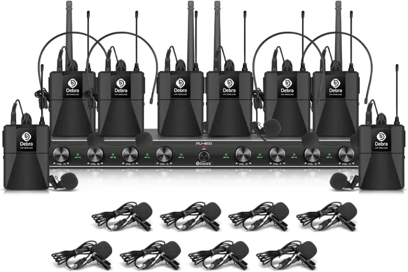 Photo 1 of D Debra Audio AU800 Pro UHF 8 Channel Wireless Microphone System with Cordless Handheld Lavalier Headset Mics, Metal Receiver, Ideal for Karaoke Church Party