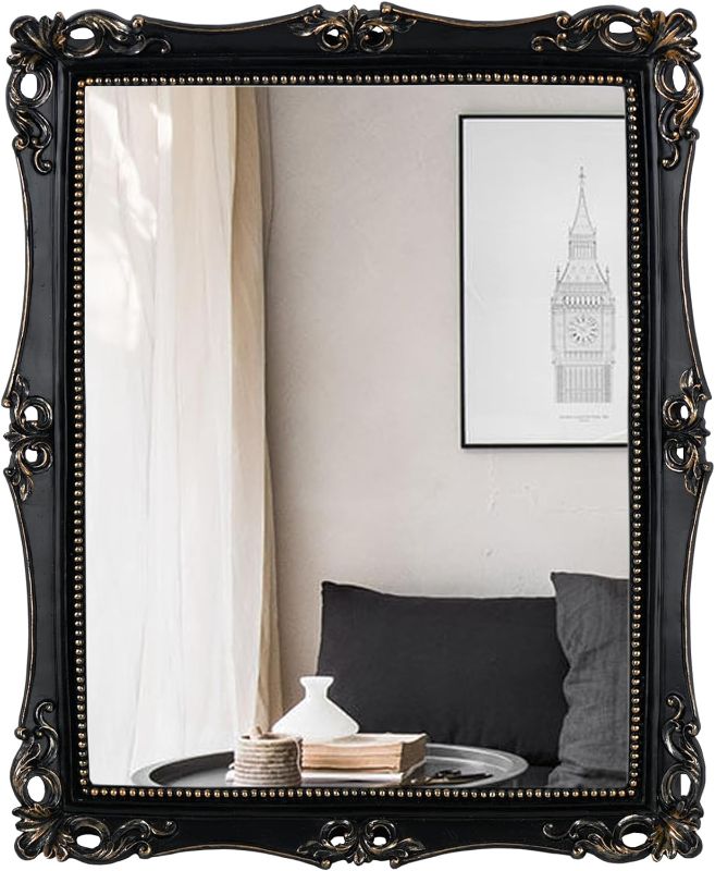 Photo 1 of ** 1/4 Corners is DAMAGED  ** Funerom Vintage Decorative Mirror, Wall Mounted & Tabletop Makeup Mirror ?Square (Black, 16.5 x 13.5 inch)