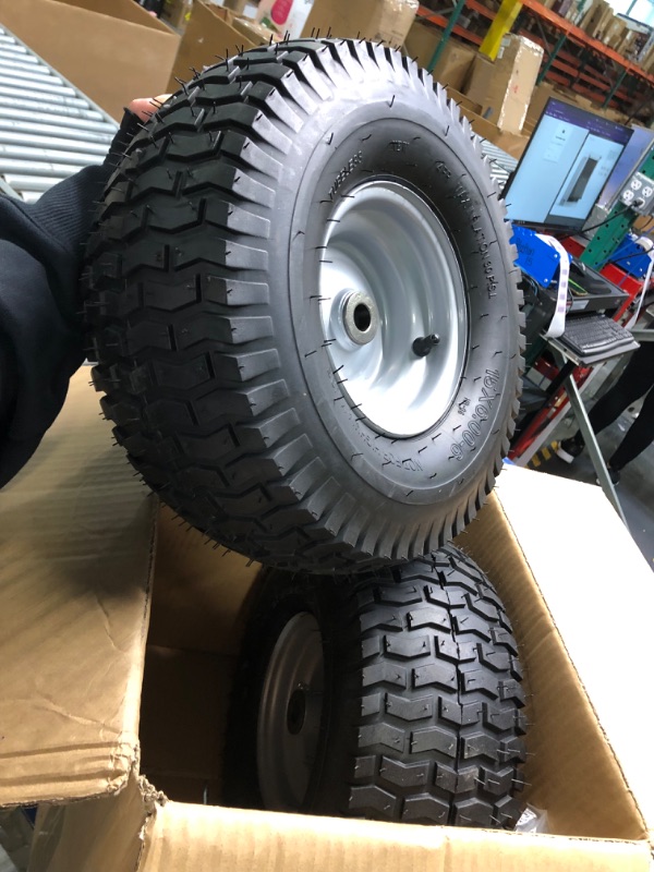 Photo 1 of 15x6.00-6 lawn mower tires,4 Ply Tubeless Front Tire Assembly Replacement for Craftsman Mower,570lbs Capacity,3"offset hub,3/4"Bushing, for More Lawn &Garden Riding Mower (2 Pack)
