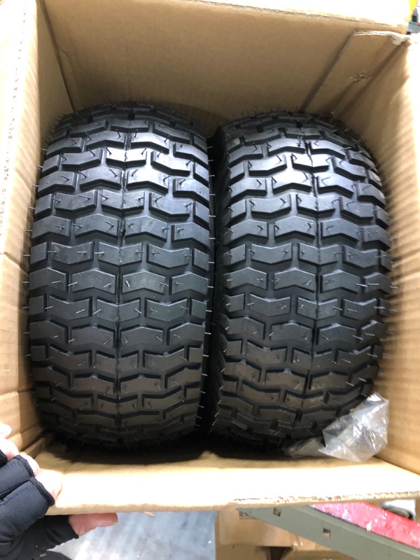 Photo 1 of 15x6.00-6 lawn mower tires,4 Ply Tubeless Front Tire Assembly Replacement for Craftsman Mower,570lbs Capacity,3"offset hub,3/4"Bushing, for More Lawn &Garden Riding Mower (2 Pack)