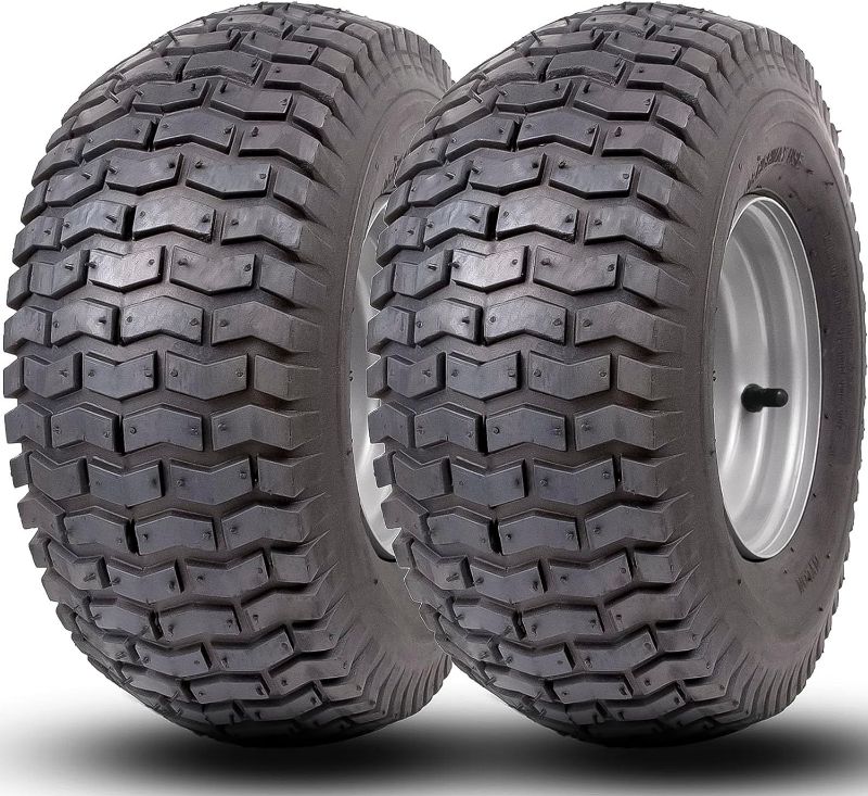 Photo 1 of 15x6.00-6 lawn mower tires,4 Ply Tubeless Front Tire Assembly Replacement for Craftsman Mower,570lbs Capacity,3"offset hub,3/4"Bushing, for More Lawn &Garden Riding Mower (2 Pack)