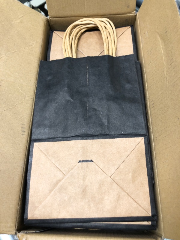 Photo 3 of [100 Pack]Paper Bags with Handles Bulk, 8 * 5.25 * 3.75 Inch Small Black Kraft Paper Bags, Paper Shopping Bags, Christmas Kraft Gift Bags, Birthday Gift Bags for Restaurant, Takeout, Business. black-100