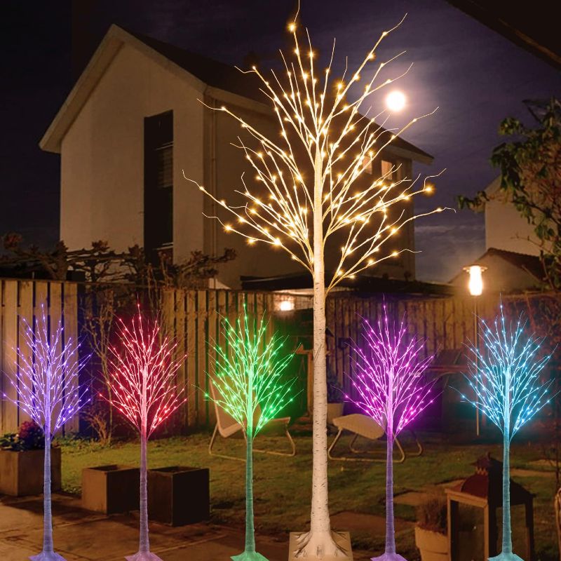 Photo 1 of 6Ft Lighted Birch Tree for Christmas Decor, 18 Colors Birch Tree with 120 LED Lights Color Changing, White Birch Tree with Pink Green Lights Remote Timer for Home Holiday Party Indoor Outdoor Decor