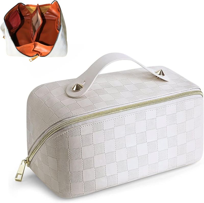 Photo 1 of LaSalita Cosmetic Bags - Travel Makeup Bag and Facial Sponges - This Make Up Bag is made of waterproof PU leather to travel essentials easily and serve as your Toiletries Organizer, White Makeup Bag https://a.co/d/9392FXl