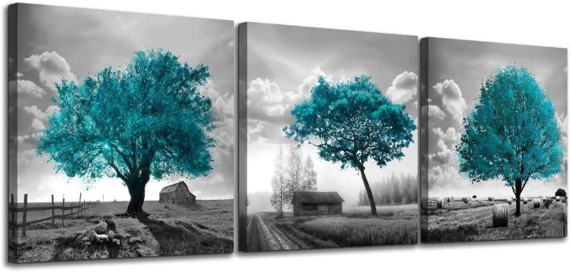 Photo 1 of Canvas Wall Art for Bedroom Black and White Farmhouse Rustic Country Landscape Teal Trees Picture Wall Decor Modern Framed Artwork 3 Pieces Wall Decoration for Dining Room Kitchen Office Home