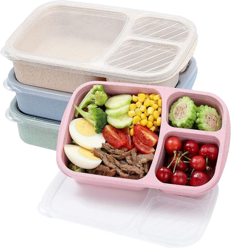 Photo 1 of  4 Pack Bento Lunch Box Set 3 Compartment Wheat Straw Meal Prep Food Storage Containers Plastic, Microwave and Dishwasher Safe (3 Compartment) https://a.co/d/7UCidsg