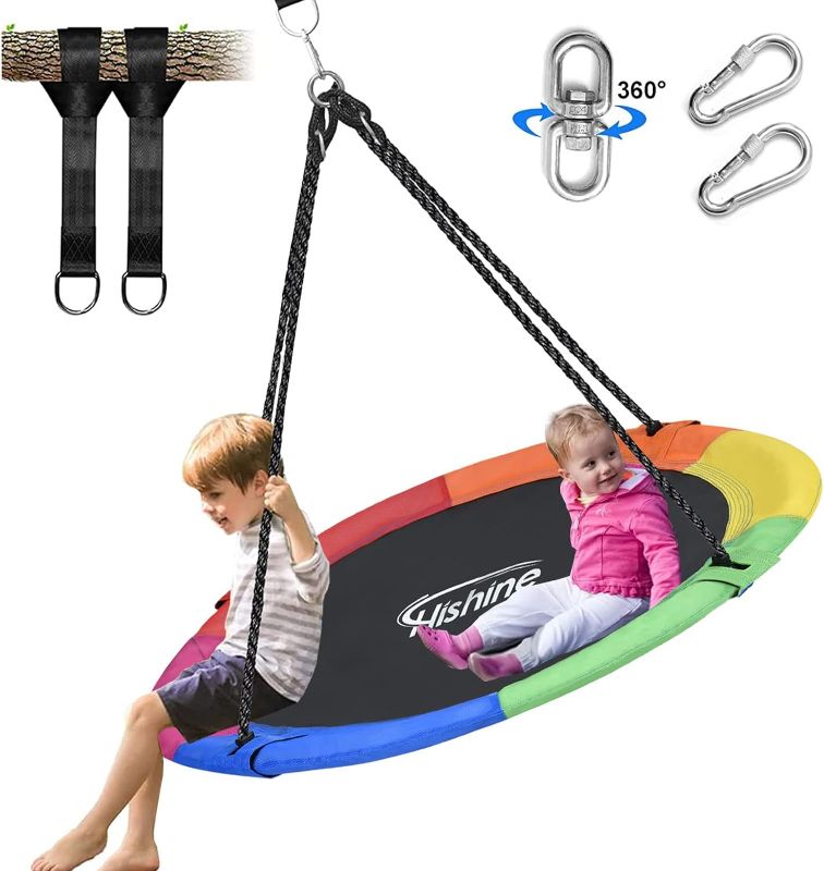 Photo 1 of   Saucer Tree Swing for Kids, 360° Rotate Waterproof Flying Saucer Swing with Swivel, Hanging Straps, Adjustable Ropes, Round Mat Spinner...