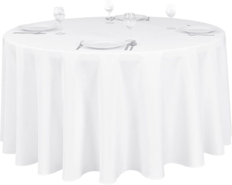 Photo 1 of 
LTC LINENS Round Tablecloth White 120 in - Round Table Cover for 60 Inch Round Table - Washable, Wrinkle Resistant Polyester Fabric Cloth for Wedding