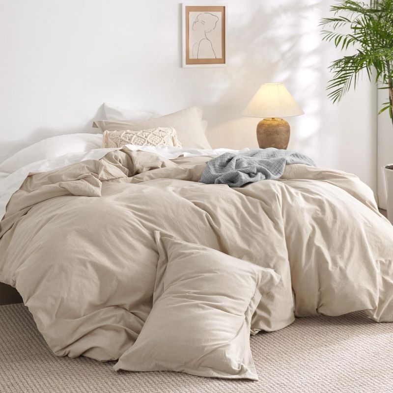 Photo 1 of Bedsure 100% Washed Cotton Duvet Cover Queen - Beige Minimalist Cotton Duvet Cover Set Linen Like - 3 Pieces Plain Simple Cotton Duvet Cover Set with 2...