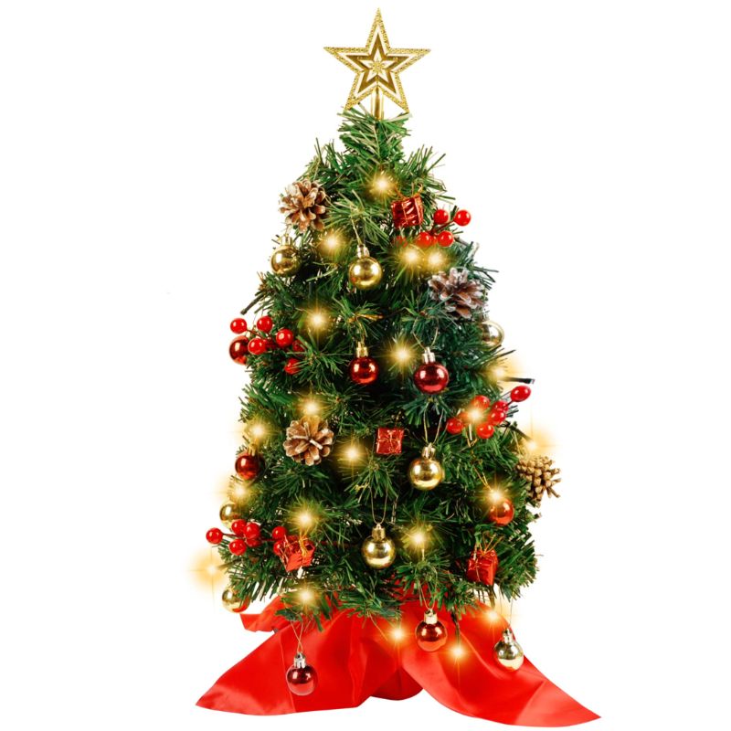 Photo 1 of  Blissun 2Ft Mini Christmas Tree, Artificial Christmas Pine Trees, Tabletop Xmas Tree, Mini Christmas Pine Tree with LED Lights, Star Tree Topper and Christmas Ornaments for Christmas Table Decorations 2Ft Mini Tree