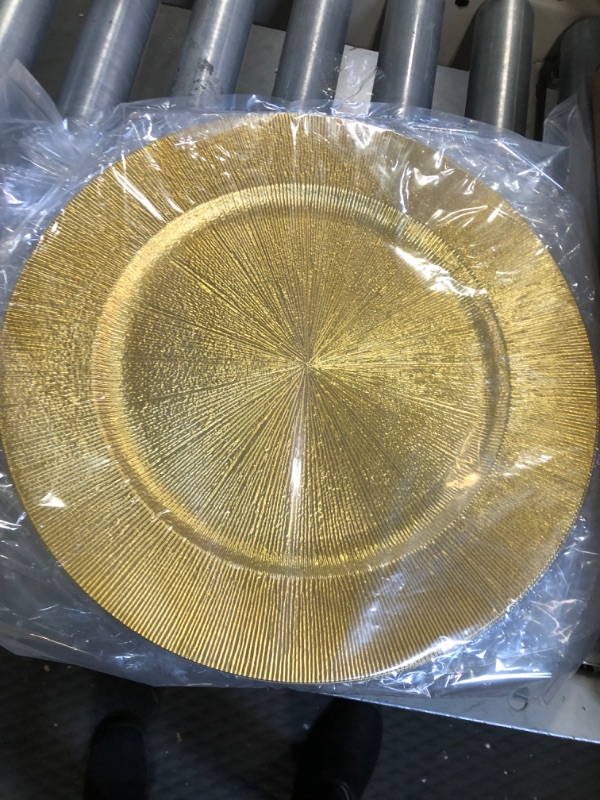 Photo 2 of  Jucoan 12 Pack Gold Charger Plates, 13 Inch Round Plastic Reef Charger Serving Plate for Dinner Plate,Wedding Party Table Decoration,Shiny Foil Texture Finish