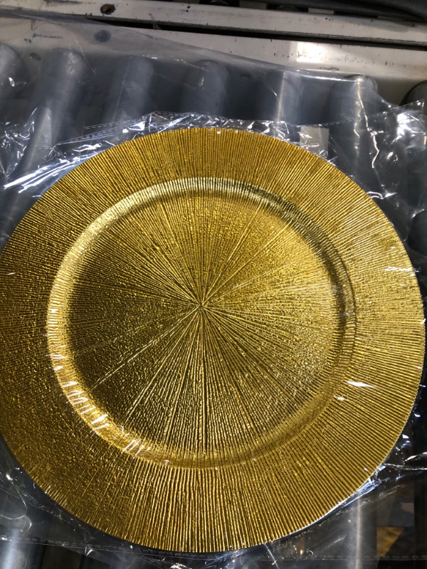 Photo 2 of Jucoan 12 Pack Gold Charger Plates, 13 Inch Round Plastic Reef Charger Serving Plate for Dinner Plate,Wedding Party Table Decoration,Shiny Foil Texture Finish