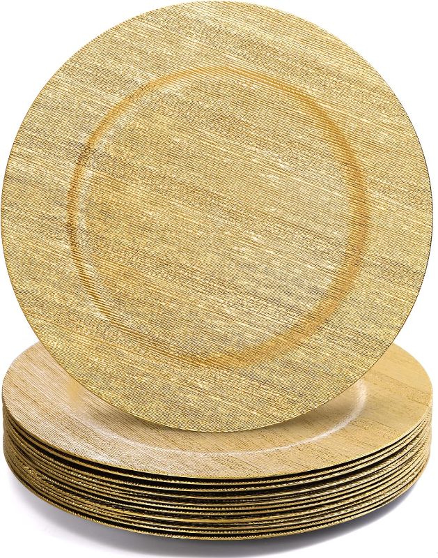 Photo 1 of Jucoan 12 Pack Gold Charger Plates, 13 Inch Round Plastic Reef Charger Serving Plate for Dinner Plate,Wedding Party Table Decoration,Shiny Foil Texture Finish