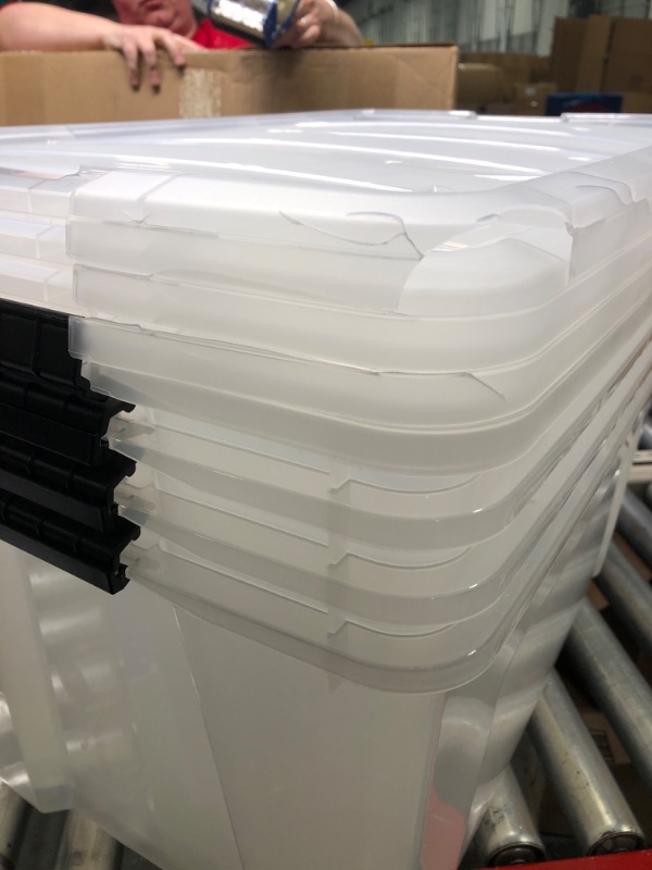 Photo 2 of **lids cracked,but functional **IRIS USA 72 Qt. Plastic Storage Bin Tote Organizing Container with Durable Lid and Secure Latching Buckles, Stackable and Nestable, 4 Pack, Crystal Clear 72 Qt. - 4 Pack, Crystal Clear