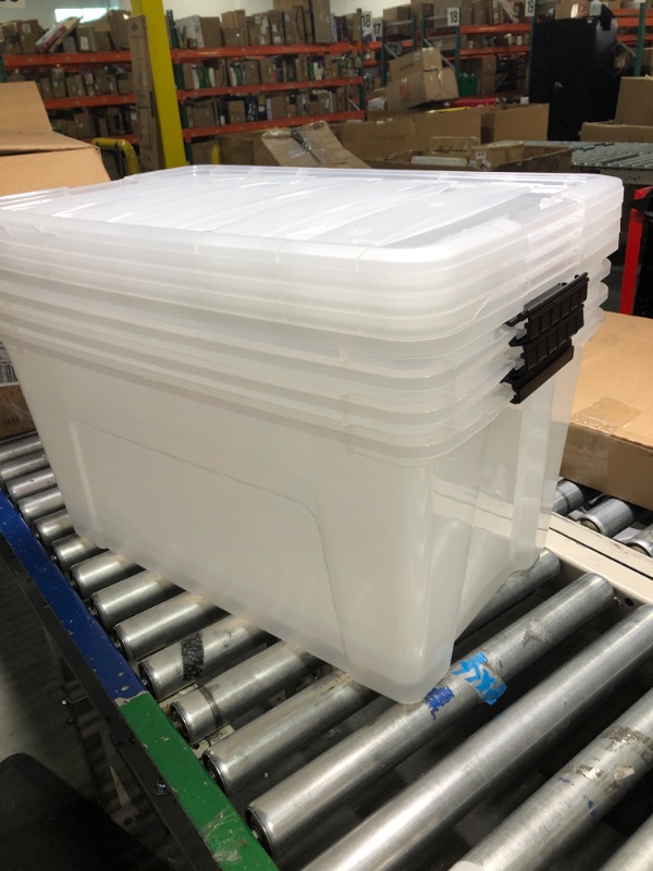 Photo 3 of **lids cracked,but functional **IRIS USA 72 Qt. Plastic Storage Bin Tote Organizing Container with Durable Lid and Secure Latching Buckles, Stackable and Nestable, 4 Pack, Crystal Clear 72 Qt. - 4 Pack, Crystal Clear