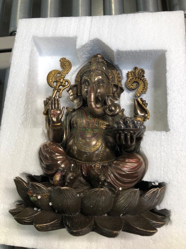 Photo 2 of *minor break in hand*Veronese Design 9 7/8 Inch Lord Ganesha Sitting on Lotus Hindu God Antique Bronze Finish Resin Statue