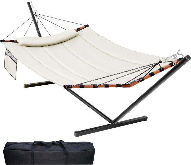 Photo 1 of **New Opened*TegerDeger 12FT 2 Person Hammock with Stand Included 55 x 79IN Large Hammock 450LB Capacity with Hardwood Spreader Bar & Nylon Rope for Outside, Patio, Garden, Backyard, Beach, Poolside - White