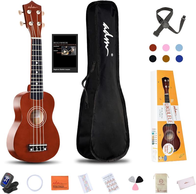 Photo 1 of ADM Soprano Ukulele for Beginners 21 Inch Hawaiian Wood Ukelele Kit for Kids Adult Student Starter Professional Ukalelee Pack Bundle with Free Lessons Gig Bag Strap Nylon String Tuner Pick, Brown