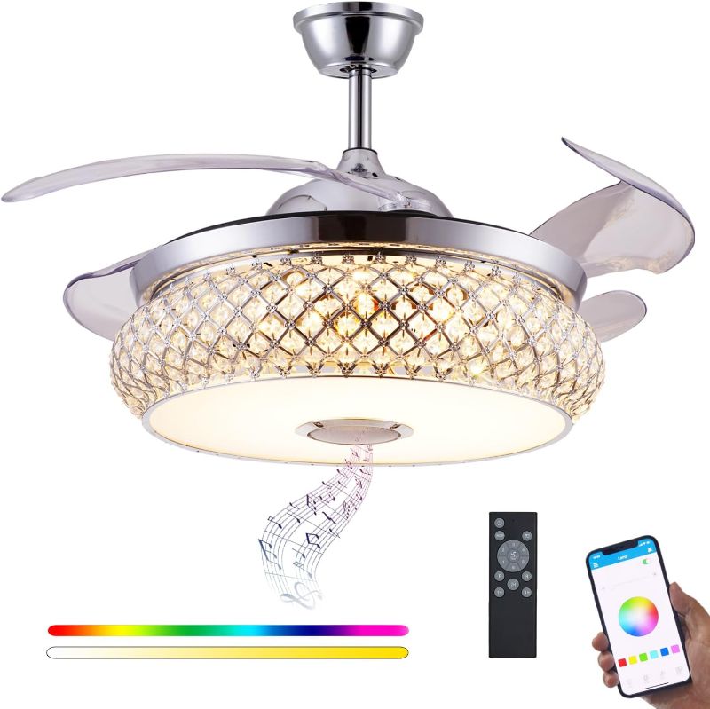 Photo 1 of 
DFL 42" Bluetooth Chandelier Ceiling Fan with Light, Fandelier, Modern Retractable Invisible Ceiling Fan Light and Music Speaker RGB