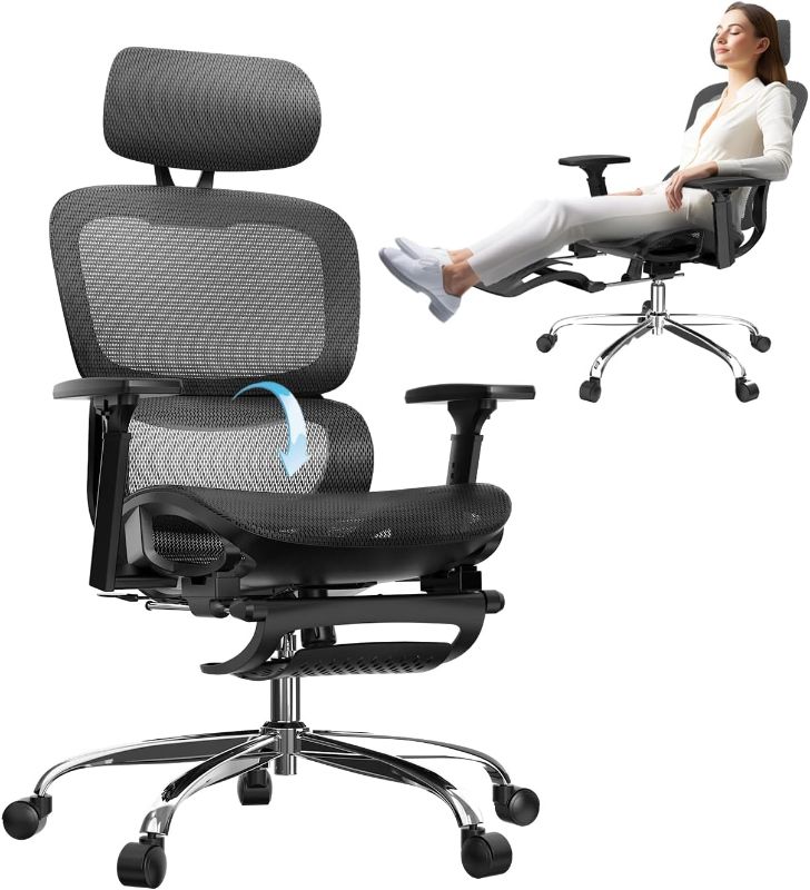 Photo 1 of Ergonomic Office Chair, SGS Certified Gas Cylinder, Office Chair with Adjustable Lumbar Support and Seat Depth, Retractable Footrest, Mesh Office Chair Gaming Chair
***Stock photo shows a similar item, not exact*** 