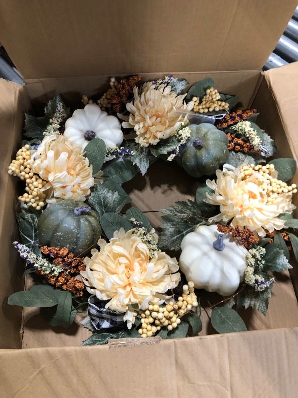 Photo 3 of 24" Fall Lighted Pumpkin Wreath,Vlorart Fall Harvest Wreaths for Front Door with White Green Pumpkins Maple Leaves, Autumn Thanksgiving Wreath for Halloween Fireplace Party Decor Indoor Outdoor