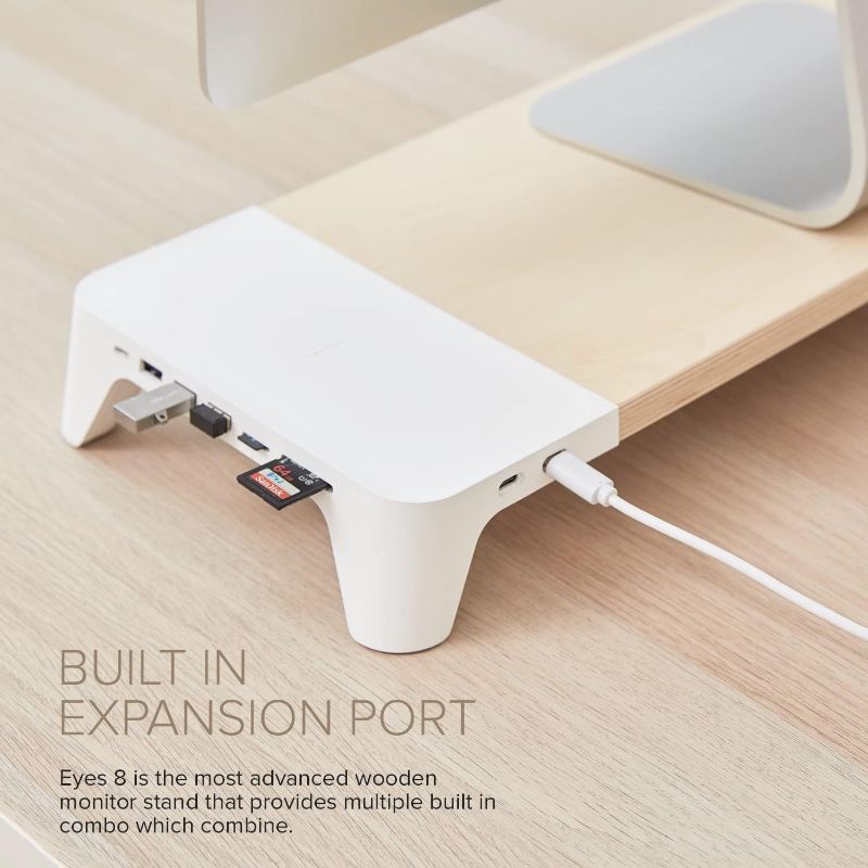 Photo 1 of POUT EYES8 Wooden Desk Monitor Computer Stand Riser Shelf + Qi 3.0 Fast Wireless Charging Pad + USB Hubs Station for Laptop