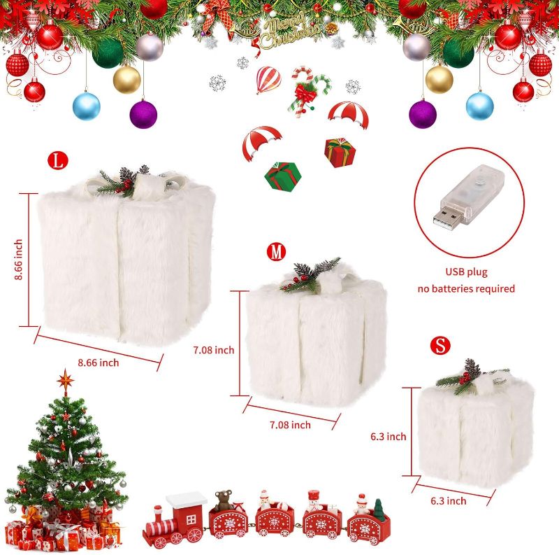 Photo 3 of (READ FULL POST) HIAGROW Christmas Lighted Gift Boxes Presents with 80 LED Beads, White Plush Light Up Present Gift Boxes Under The Xmas Tree for Indoor Outdoor Decorations (Set of 3)