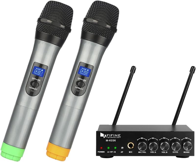 Photo 1 of (READ FULL POST) Fifine UHF Dual Channel Wireless Handheld Microphone, Easy-to-use Karaoke Wireless Microphone System-K036
