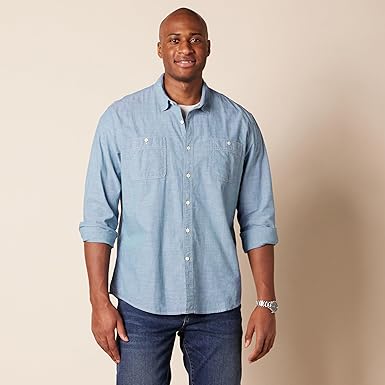 Photo 1 of Amazon Essentials Men's Regular-Fit Long-Sleeve Chambray Shirt, Rinsed, Large