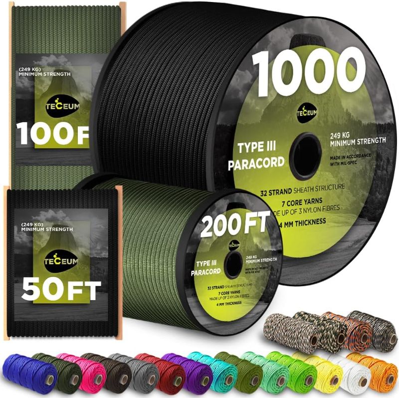 Photo 1 of 1000Ib Paracord Rope - 100ft / 200ft / 500ft / 1000ft 4mm,12 Strand Parachute Spool Cord,para Cord Lanyard for Camping,Hammock,Clothsline,Hiking,Fishing,Survival braceletand Survival
