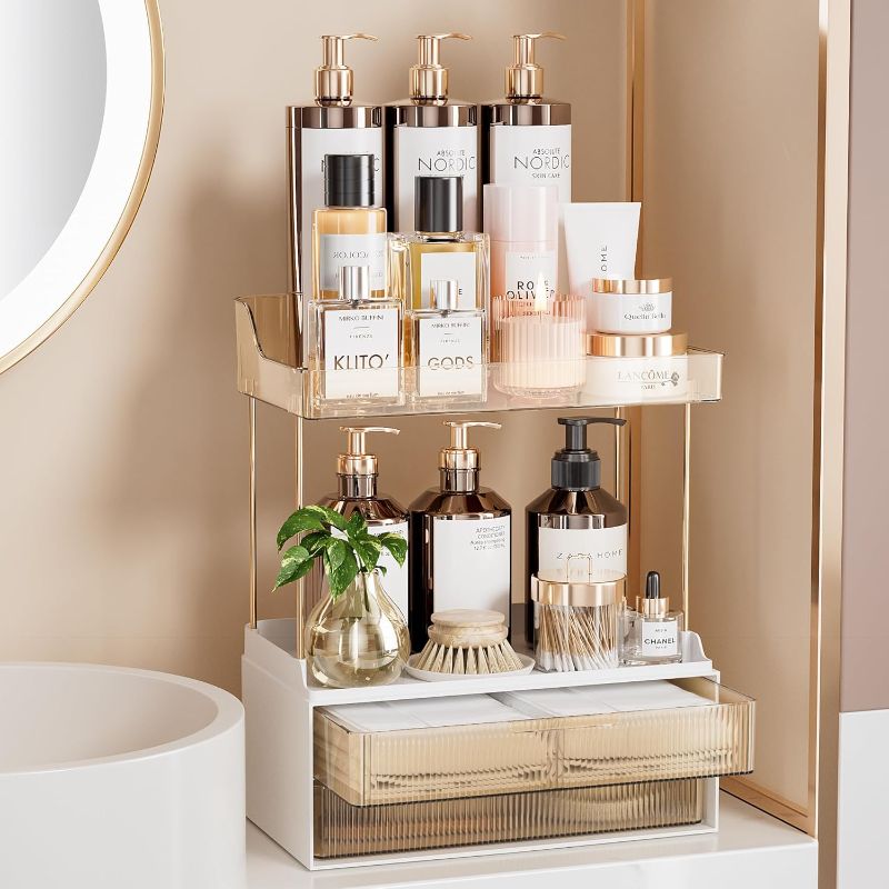 Photo 1 of 
Delamu 2-Tier 2-Drawer Bathroom Organizer Countertop, Multi-Purpose Makeup Organizer Countertop, Large Skincare Organizers, Exquisite Vanity Organizer, Amber