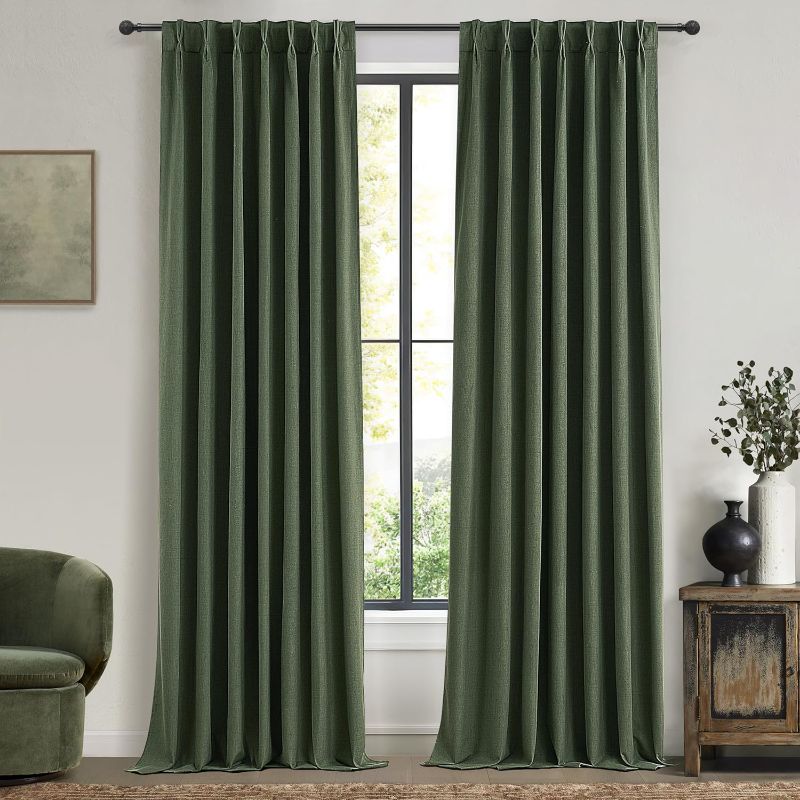 Photo 1 of 100 Inch Curtains Boho for Classroom, 100 Percent Blackout Thermal Window Curtains for Sliding Glass Door Dark Olive Green Moody Heavy Duty Drapes Linen Pinch Pleated (40W x 100 x 2 Panels)
